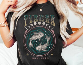 Pisces Sign Shirt Vintage Zodiac Shirt, Pisces Celestial T Shirt, Astrology Tee Zodiac Gift February March Comfort Colors Retro Boho