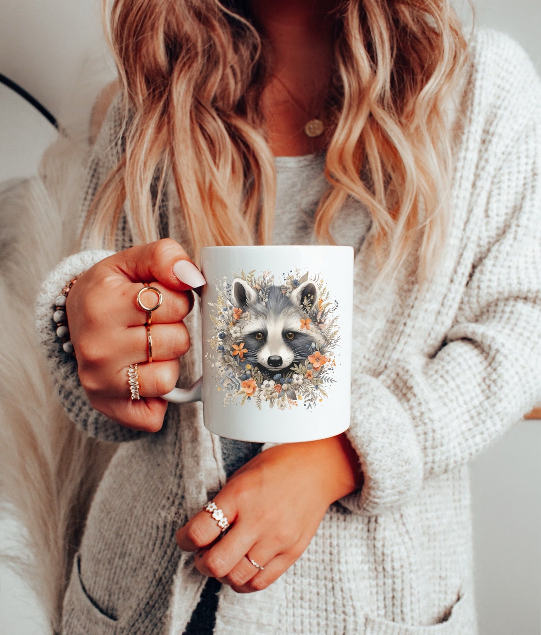 Raccoon Mug, Raccoon Gift for Raccoon Lovers, Raccoon With Flowers