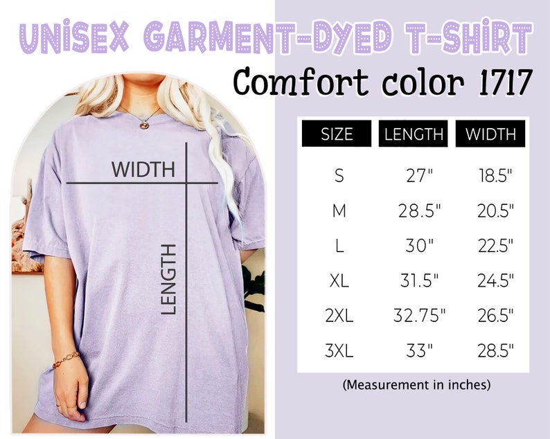 May include: A lavender unisex garment-dyed t-shirt with size chart showing measurements in inches. The chart shows sizes S through 3XL with corresponding length and width measurements.