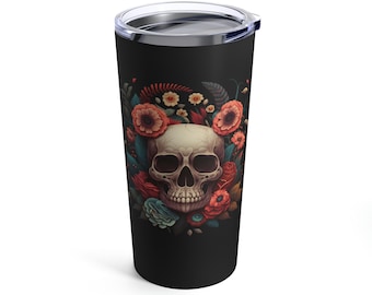 Skull and Dahlias Tumbler, Skull and Dahlias Travel Tumbler, Floral Skull Coffee Tumbler, Gothic Flower Tumbler, Skull Vintage Tumbler