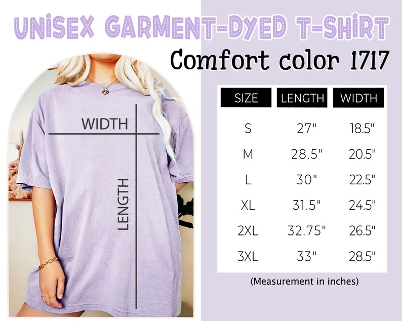 May include: A lavender unisex garment-dyed t-shirt with a size chart showing measurements in inches. The chart shows sizes S through 3XL with corresponding length and width measurements.