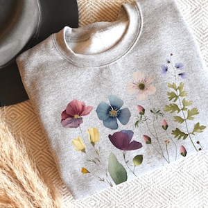 Vintage geperste bloemen Sweatshirt Plant Lover Crewneck Cottagecore Pullover Aquarel Flower Shirt Flower Lover Sweatshirt
