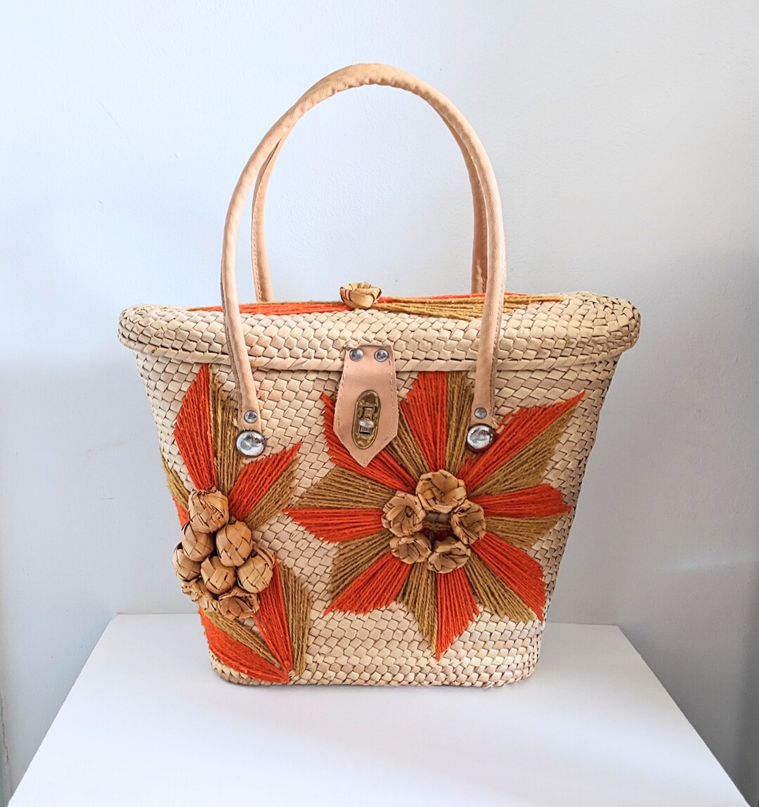 Vintage Woven Straw Rattan Beach Bag Basket Travel Vacation Tote Bag ...