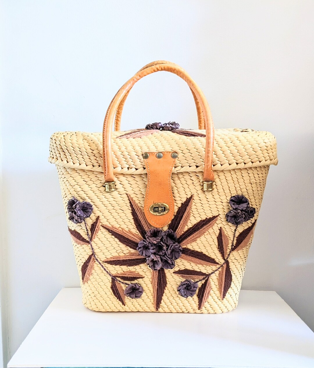 Vintage Woven Straw Rattan Beach Bag Basket Purse 1970's Woven Tote ...