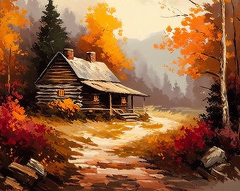 Autumn Rustic Charm Digital Print - 3:2 - Log Cabin Painting - Digital Print - Harvest Host Decor - Homestead Decor - Autumn Print Decor