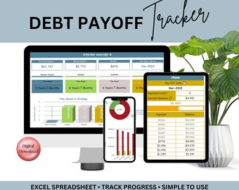 May include: A digital download for a debt payoff tracker spreadsheet. The image shows a computer screen, tablet, and phone displaying the spreadsheet with charts and graphs. The spreadsheet includes a section for tracking payments, balance, and progress towards paying off debt. The spreadsheet is labeled "Debt Payoff Tracker".