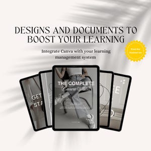 Puede incluir: Un conjunto de cinco maquetas de tabletas digitales con fondo blanco. La tableta central muestra una guía de diseño gráfico titulada "The Complete Canva Guide". Las otras tabletas muestran texto que dice "Get Started" y "E".