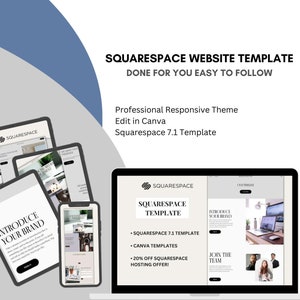 May include: A digital mockup showcasing a Squarespace website template on a laptop, tablets, and a phone. The design features a professional, responsive theme, editable in Canva, and is a Squarespace 7.1 template. Text includes "Introduce Your Brand" and "Join the Team."