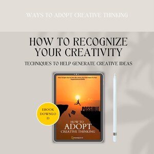 K&ouml;nnte beinhalten: Ein digitales Tablet zeigt das Cover eines E-Books mit einem Sonnenuntergangs-Hintergrund und einer Person, die von einer Klippe springt. Der Text auf dem Cover lautet "How to Adopt Creative Thinking" und "I'm Possible".