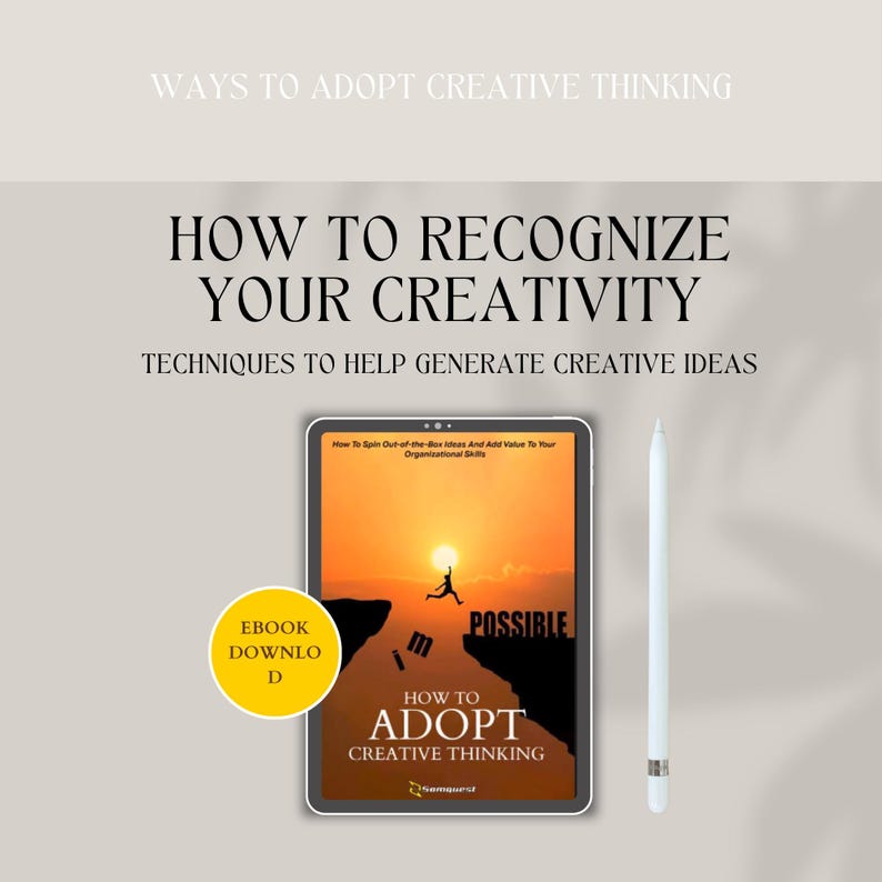 K&ouml;nnte beinhalten: Ein digitales Tablet zeigt das Cover eines E-Books mit einem Sonnenuntergangs-Hintergrund und einer Person, die von einer Klippe springt. Der Text auf dem Cover lautet "How to Adopt Creative Thinking" und "I'm Possible".