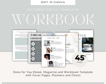 May include: A digital workbook template with a grey and white colour scheme. The template includes a table of contents, a "Who We Are" section, and a chapter page with a coffee cup. The text "45+ Pages" is displayed in a black circle. The text "Done for You Ebook, Magazine and Workbook Template with Cover Pages, Planners and Charts" is displayed at the bottom of the image.