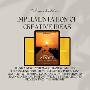 K&ouml;nnte beinhalten: Ein Buchcover mit einem gelben, orangen und roten Sonnenuntergangs-Hintergrund. Der Buchtitel lautet "How to Adopt Creative Thinking" und der Untertitel lautet "I'm Possible". Das Buchcover zeigt die Silhouette einer Person, die von einer Klippe zur anderen springt.