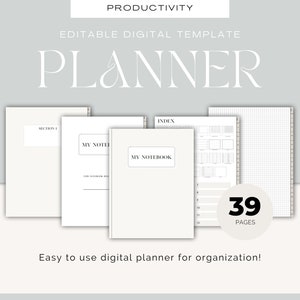 May include: A digital planner template with 39 pages. The template includes sections for notes, an index, and a gridded page. The text "PRODUCTIVITY" and "EDITABLE DIGITAL TEMPLATE" is at the top of the image. The text "PLANNER" is in a large font below the text at the top of the image. The text "Easy to use digital planner for organization!" is at the bottom of the image.