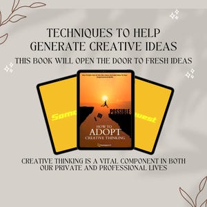 K&ouml;nnte beinhalten: Ein gelber und orangefarbener Buchumschlag mit dem Titel "How to Adopt Creative Thinking" und dem Text "I'm Possible" auf dem Umschlag. Der Buchumschlag zeigt die Silhouette einer Person, die von einer Klippe springt.
