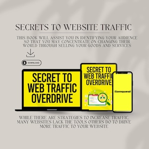 May include: A yellow and black laptop screen with the text "Secret to Web Traffic Overdrive" and a download button. A yellow and black tablet screen with the text "Secret to Web Traffic Overdrive" and a magnifying glass icon. A yellow and black smartphone screen with the text "Somquest" and a magnifying glass icon. The text "While there are strategies to increase traffic, many websites lack the tools others do to drive more traffic to your website." is below the images.