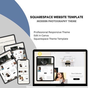 May include: A laptop computer displaying a website template for photographers. The website is designed in a modern style and includes a variety of pages, such as a home page, about page, and contact page. The website is also responsive, meaning it will adjust to different screen sizes. The template is available for editing in Canva. The text on the website reads "Meet Your Creator" and "New Collection".