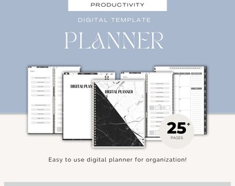 May include: A digital planner template with a black and white marble design. The template includes 25+ pages and features a calendar, to-do lists, and other organizational tools. The text "DIGITAL PLANNER" is visible on the cover.