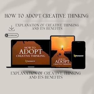 May include: A digital download for a guide on how to adopt creative thinking. The cover features a person jumping over a cliff with the text "How to Adopt Creative Thinking" and "Im Possible" on the cover. The guide is available for download.