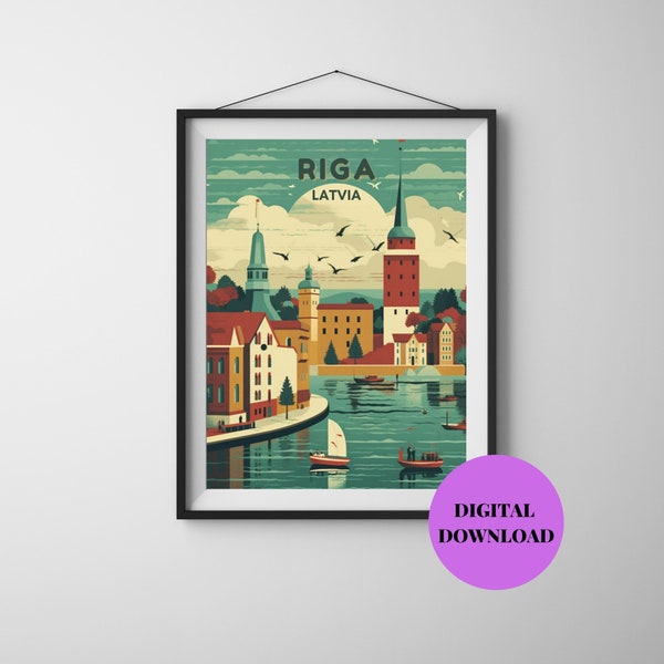 Riga Print, Latvia Skyline Wall Art, Retro Travel Poster, Latvia Souvenir, Latvia Cityscape Wall Decor, Digital Download Prints, Vintage