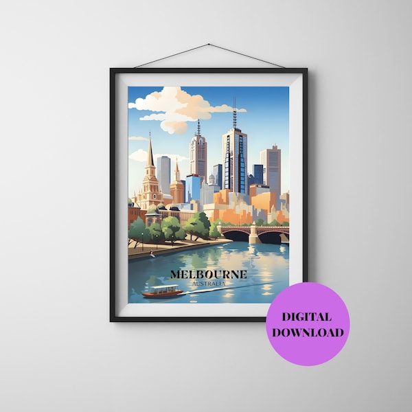 Melbourne Print, Australia Skyline Wall Art, Retro Travel Poster, Souvenir, Cityscape Wall Decor, Digital Download Print, Vintage, Gift