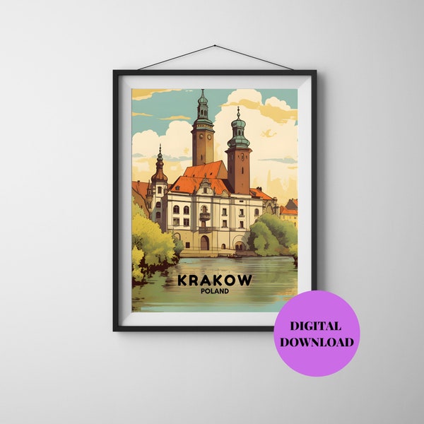 Krakow Print, Poland Skyline Wall Art, Retro Travel Poster, Poland Souvenir, Poland Cityscape Wall Decor, Digital Download Prints, Vintage