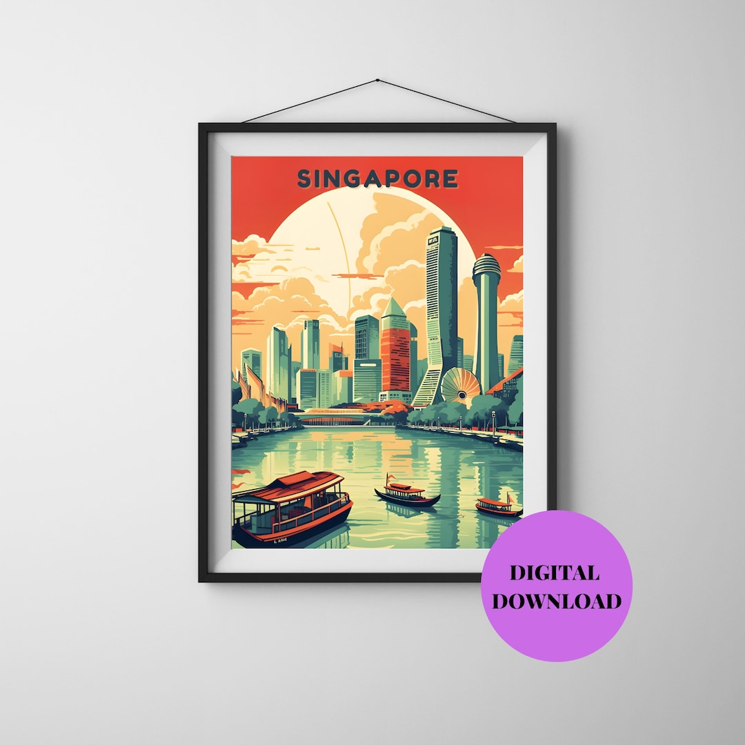 Singapore Print, Singapore Skyline Wall Art, Retro Travel Poster