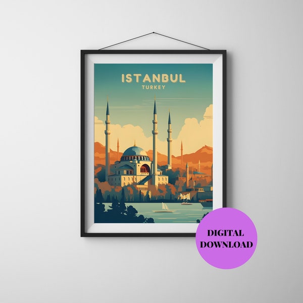 Istanbul Print, Turkey Skyline Wall Art, Retro Travel Poster, Turkey Souvenir, Turkey Cityscape Wall Decor, Digital Download Prints, Vintage