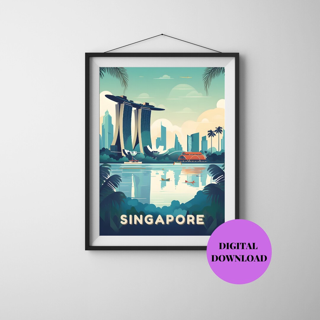 Singapore Print, Singapore Skyline Wall Art, Retro Travel Poster