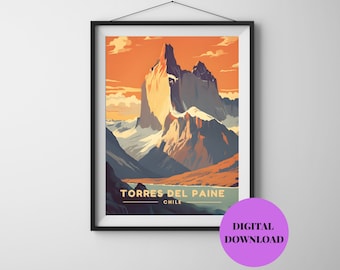 Torres Del Paine Print, Chile Skyline Wall Art, Retro Travel Poster, Chile Souvenir, Chile Cityscape Wall Decor, Digital Download Prints