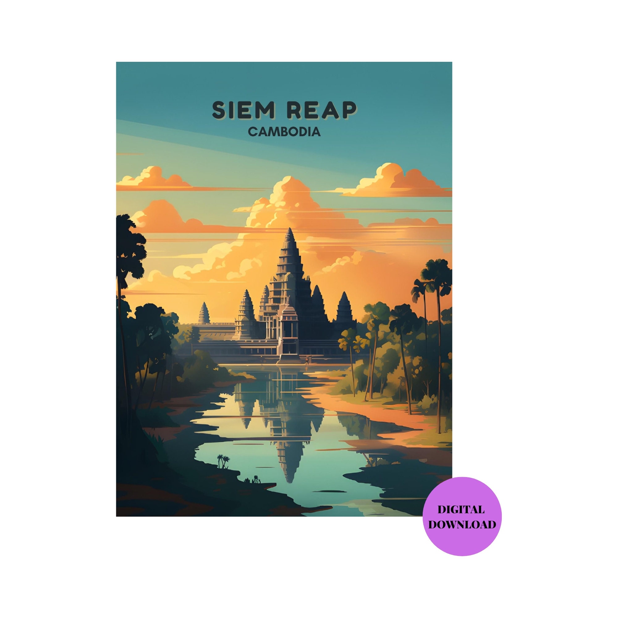 Siem Reap Print, Cambodia Skyline Wall Art, Cambodia Retro Travel