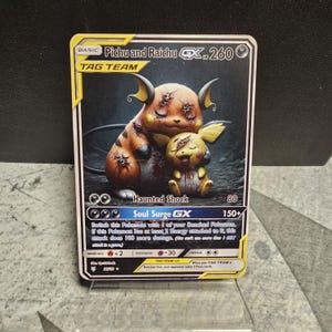 Cartão de arte de fã de Pokémon de terror personalizado Pichu Raichu GX Tag Team