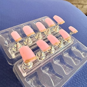Pink Press On Nails with Gold Glitter Bottom Nail Art Accessories for Stylish Manicures