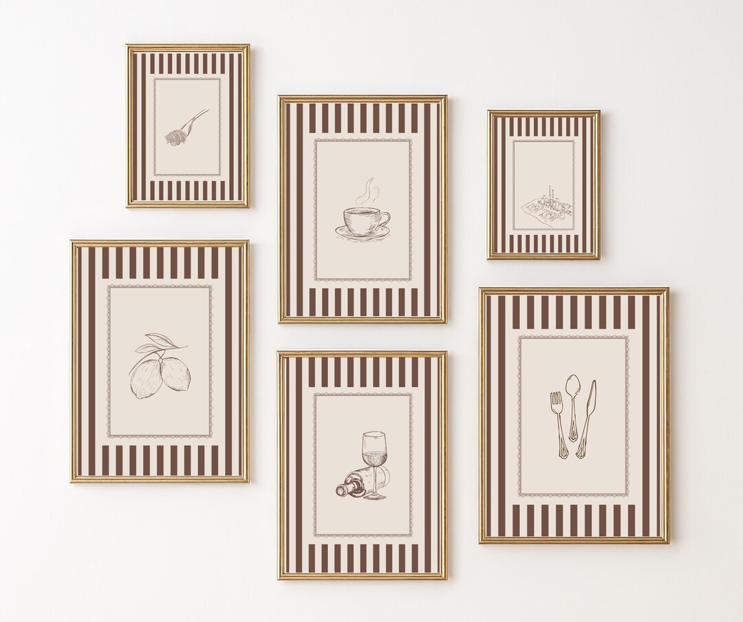 Kitchen Prints Set of 6: Brown Striped Food Art Design, Neutral Kitchen ...