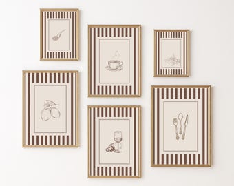 Kitchen Prints Set of 6: Brown Striped Food Art Design, Neutral Kitchen Decor, Vintage Art Minimalistic Posters, Cafe Wine Mediterranean