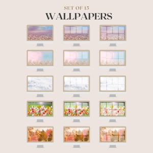 May include: Set of 15 digital desktop wallpapers featuring a variety of nature scenes, including a pink and blue sky with glitter, a snowy landscape, a field of tulips, and an autumn forest. Each wallpaper is displayed on a computer monitor.