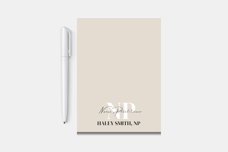 May include: A beige notepad with the text "Nurse Practitioner" and the initials "NP" in white. The name "HALEY SMITH, NP" is printed in black at the bottom.