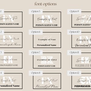 K&ouml;nnte beinhalten: Beige Grafik mit zw&ouml;lf Schriftoptionen f&uuml;r personalisierten Text. Jede Option wird in einem schwarz umrandeten Rechteck angezeigt und zeigt verschiedene Schriftarten f&uuml;r "Example of Font" und "Personalized Name."