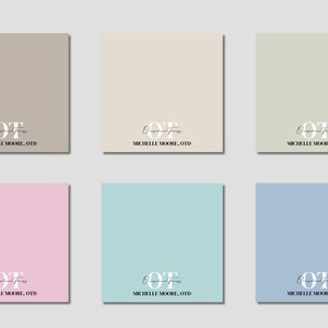 K&ouml;nnte beinhalten: Sechs quadratische Farbmuster in Beige-, Rosa-, Blau- und Gr&uuml;nt&ouml;nen. Jedes Muster hat den Text "OT" in einer stilisierten Schriftart, darunter die Worte "Occupational Therapy" und unten "MICHELLE MOORE, OTD".