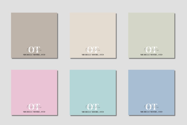 K&ouml;nnte beinhalten: Sechs quadratische Farbmuster in Beige-, Rosa-, Blau- und Gr&uuml;nt&ouml;nen. Jedes Muster hat den Text "OT" in einer stilisierten Schriftart, darunter die Worte "Occupational Therapy" und unten "MICHELLE MOORE, OTD".