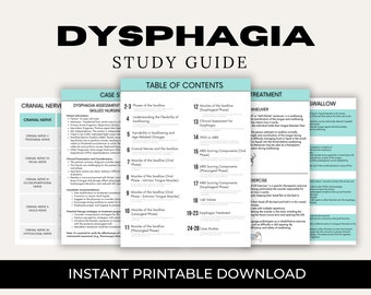May include: Dysphagia Study Guide with a table of contents, including sections on the phases of swallowing, cranial nerves, muscles of the swallow, clinical assessment, FEES vs. MBS, scoring components, treatment, and exercises.  The guide also includes a section on swallowing maneuvers.