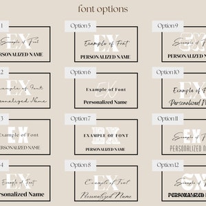 May include: Twelve different font options for a monogram design. Each option shows the letters "EX" with the text "Example of Font" and "Personalized Name" below.