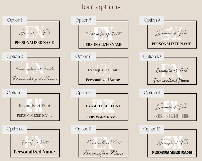 May include: Twelve different font options for a monogram design. Each option shows the letters "EX" with the text "Example of Font" and "Personalized Name" below.