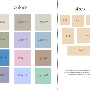 May include: A chart showing 12 different color options for a product, along with a chart showing 6 different size options. The size options are listed as width x height. Note: sizes are not to actual proportion. This picture provides an estimate of sizes when compared to one another.