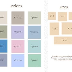 May include: A chart showing 12 different color options and 6 different size options for a product. The color options are labeled Option 1 through Option 12. The size options are labeled 3 x 3, 4 x 3, 4 x 4, 4 x 6, 8 x 6, and 10 x 3.