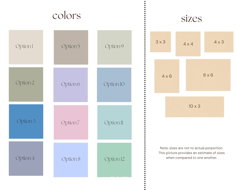 May include: A chart showing 12 different color options and 6 different size options for a product. The color options are labeled Option 1 through Option 12. The size options are labeled 3 x 3, 4 x 3, 4 x 4, 4 x 6, 8 x 6, and 10 x 3.