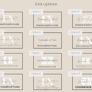 May include: Twelve different font options for a monogram design. Each option shows the letters "EX" with the text "Example of Font" and "Personalized Name" below. The options are numbered 1 through 12.