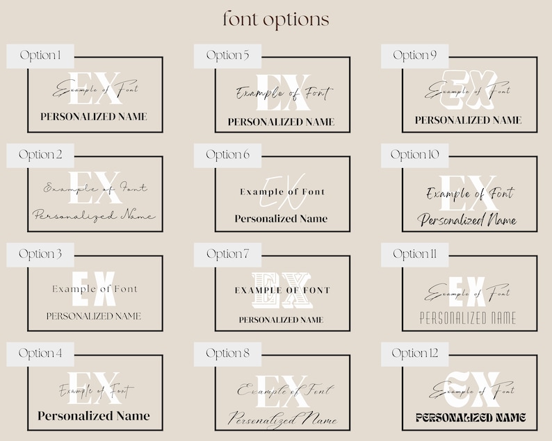 May include: Twelve different font options for a monogram design. Each option shows the letters "EX" with the text "Example of Font" and "Personalized Name" below. The options are numbered 1 through 12.