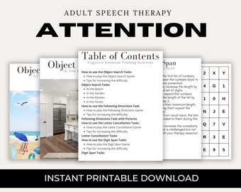 May include: A printable worksheet for adult speech therapy focusing on attention skills. The worksheet includes a table of contents with different cognitive attention training activities, such as object search tasks, following directions tasks, letter cancellation tasks, and digit span tasks. The worksheet also includes a grid with letters and numbers for a visual search task.