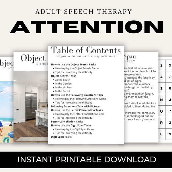 Attention Cognition Bundle for Adult Speech Therapy: Object Search, Following Directions, Letter Cancellation, and Digit Span Tasks
