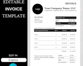 Minimalist Invoice Template, Editable Small Business Invoice, Digital Order Form, Modern Billing Template, Custom Invoice, Digital Download
